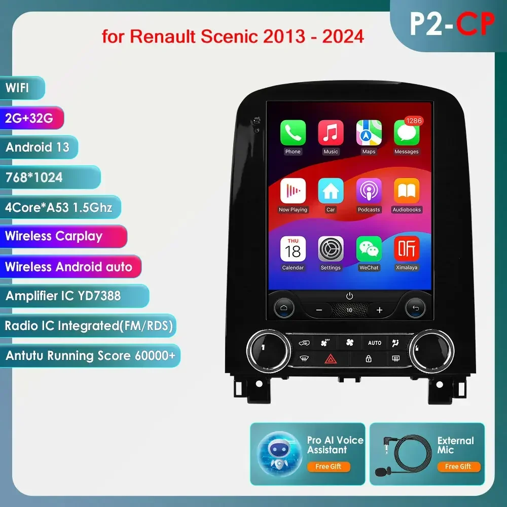 9.7 ''inch scherm Carplay 4G 2 Din Android 14 Autoradio voor Renault Scenic 2013 - 2024 Multimedia Video Player GPS DSP Autoradio
