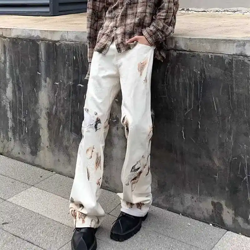 

Мужские прямые джинсы Cleanfit с вышивкой в виде пламени и кружевом, износостойкие, со средней посадкой, модные, в американском уличном стиле