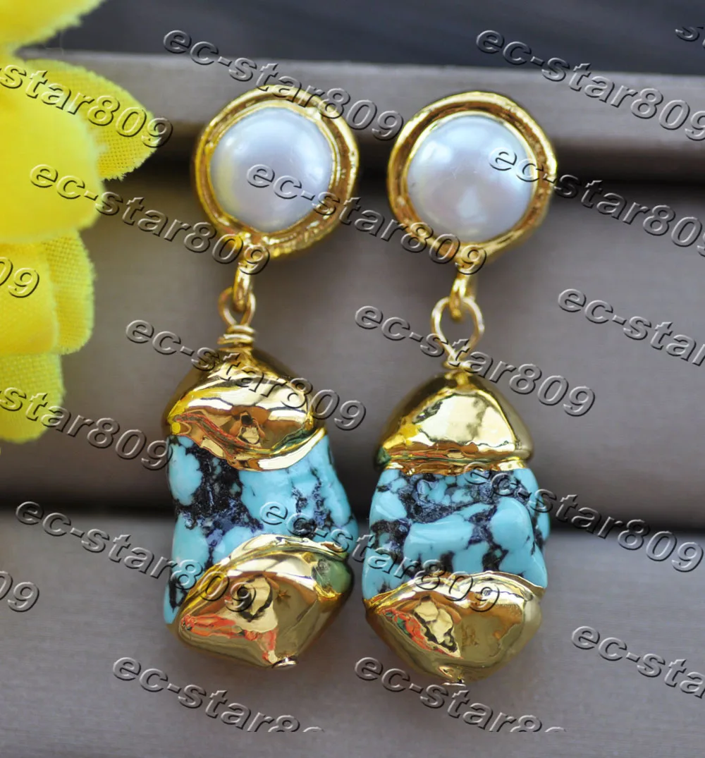 

MTC·STARZ 23mm Baroque Blue Turquoise White Pearl Dangle Earring Custom Jewelry (Z11360)