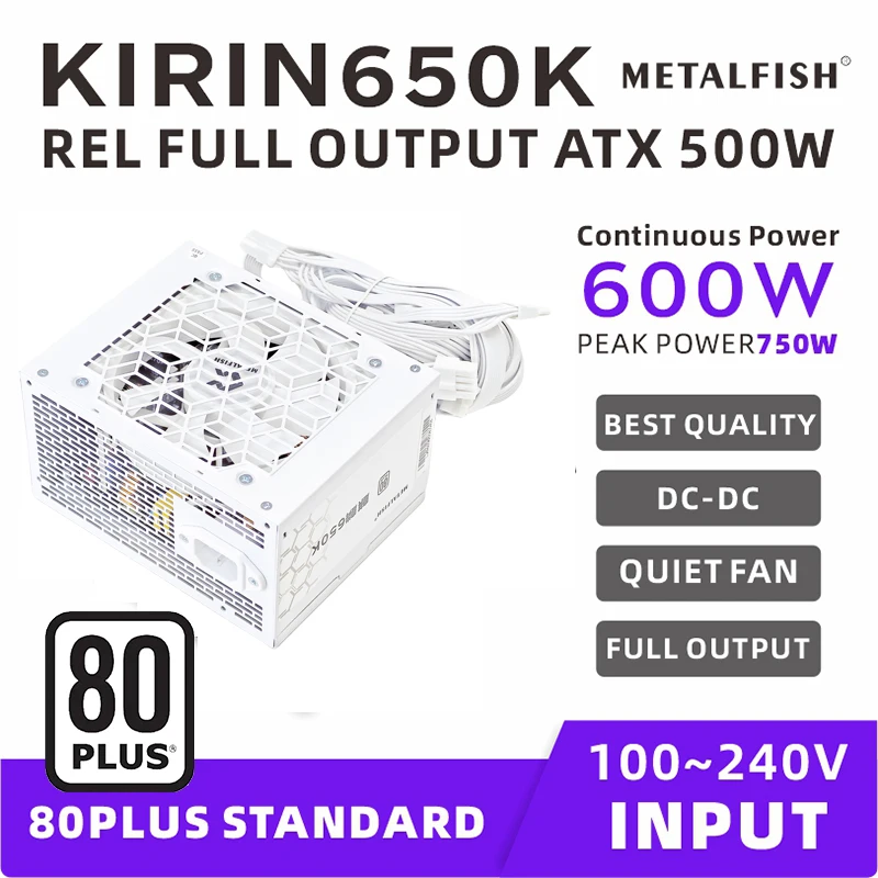 

METALFISH KIRIN650K White Chassis Power Supply ATX-500W 80PLUS PSU for Gaming computers, Graphics card docks (100-240V)