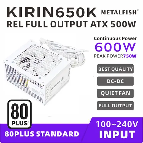 METALFISH KIRIN650K Fuente de alimentación de chasis blanco ATX-500W 80PLUS PSU para computadoras gaming, parajas de tarjetas gráficas (100-240V)