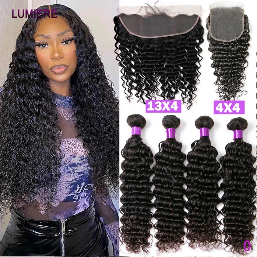 

Набор из 3 пучков 32-дюймовых волос Deep Wave из 100% натуральных человеческих волос с прозрачной HD-заколкой-фронтом, кудрявые, вьетнамские.