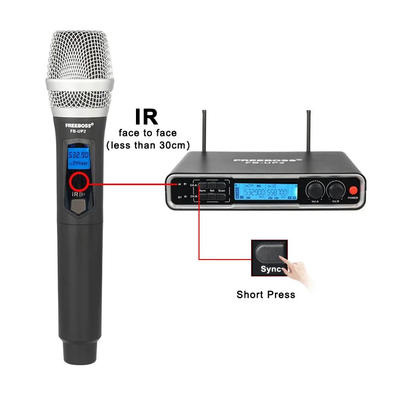 Freeboss Uhf Draadloze Microfoon 2*100 Kanalen Bluetooth Auto Scan Frequentie Functie 18650 Li-Batterij Dynamische Mic FB-UP2