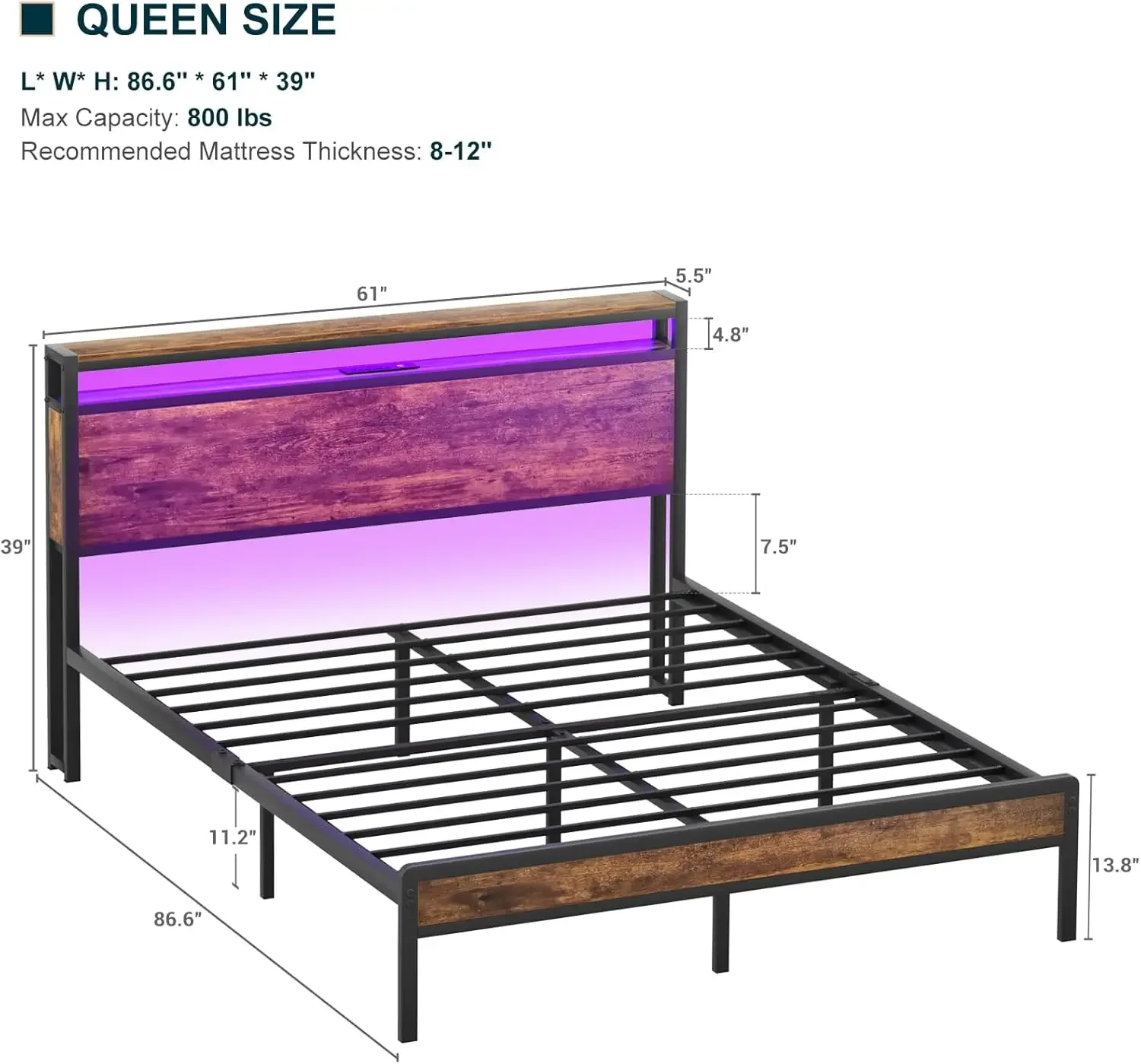 Queen Size Bed Frame with Charging Station and Led Lights, Industrial Platform Bed with Storage Headboard, Steel Slat S