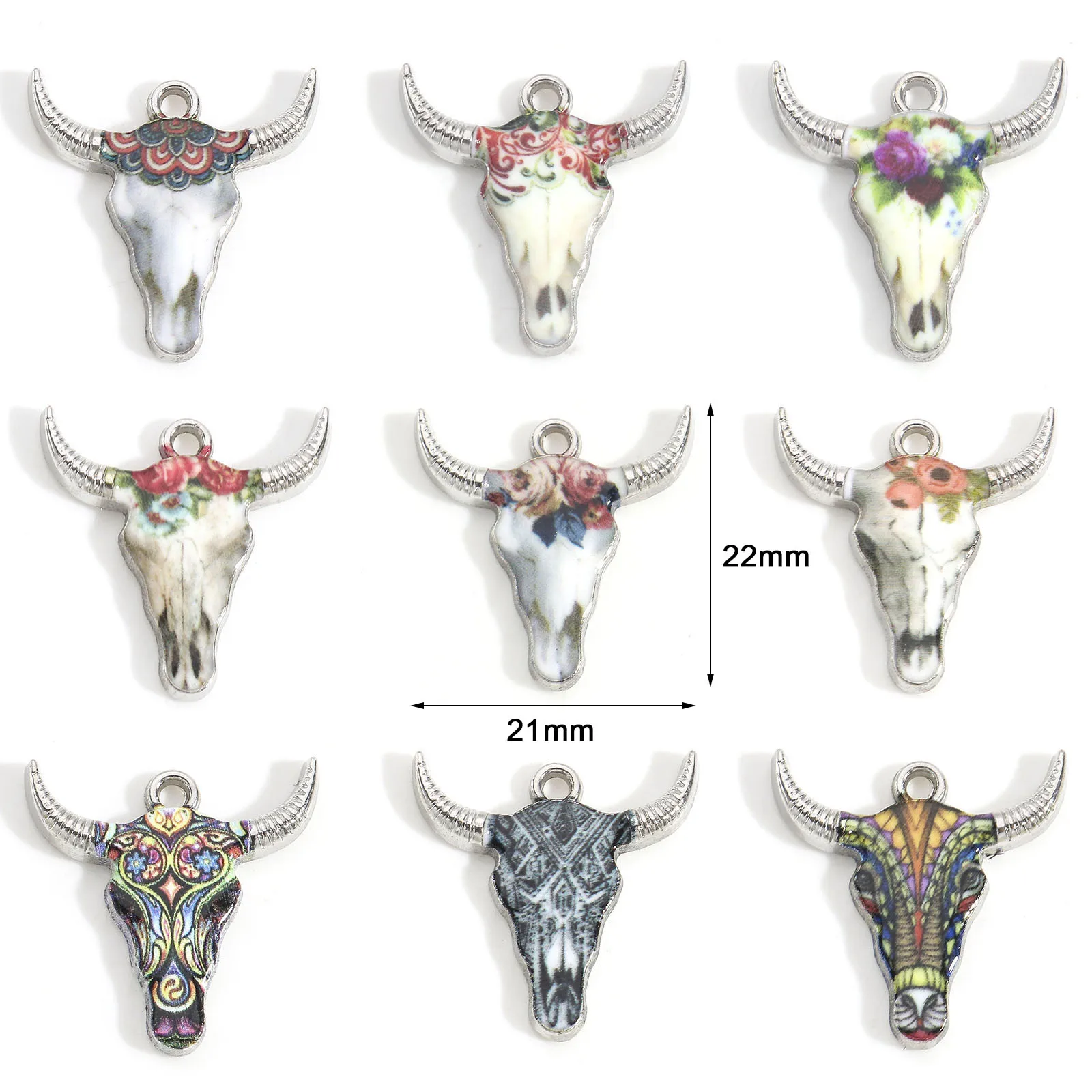 10PCs Multicolor Bull Head Charms Silver Color Bohemia Cow Head Enamel Pendants For Jewelry Making Diy Necklace Findings 22x21mm