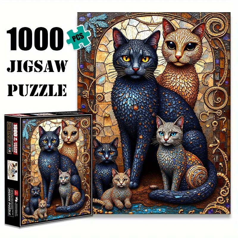 1000-teiliges Puzzle für Erwachsene – Familienkunst mit Buntglas und schwarzer Katze, großer, herausfordernder Denksportaufgabe, hohe Qualität und Kratzer –