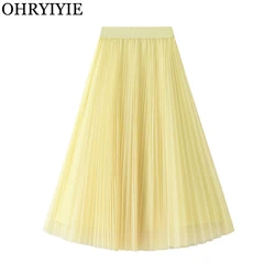 OHRYIYIE Yellow Long Maxi Tulle Skirt Summer Women Fashion Elegant Pleated Skirts Womens Solid Mesh Boho Sweet A Line Skirt Lady