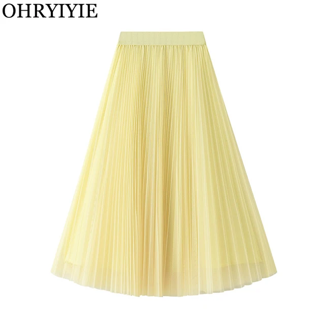 OHRYIYIE żółta, długa sukienka Maxi spódnica z tiulu letnia moda damska elegancka plisowana spódnica damska solidna siatka Boho słodka spódnica damska