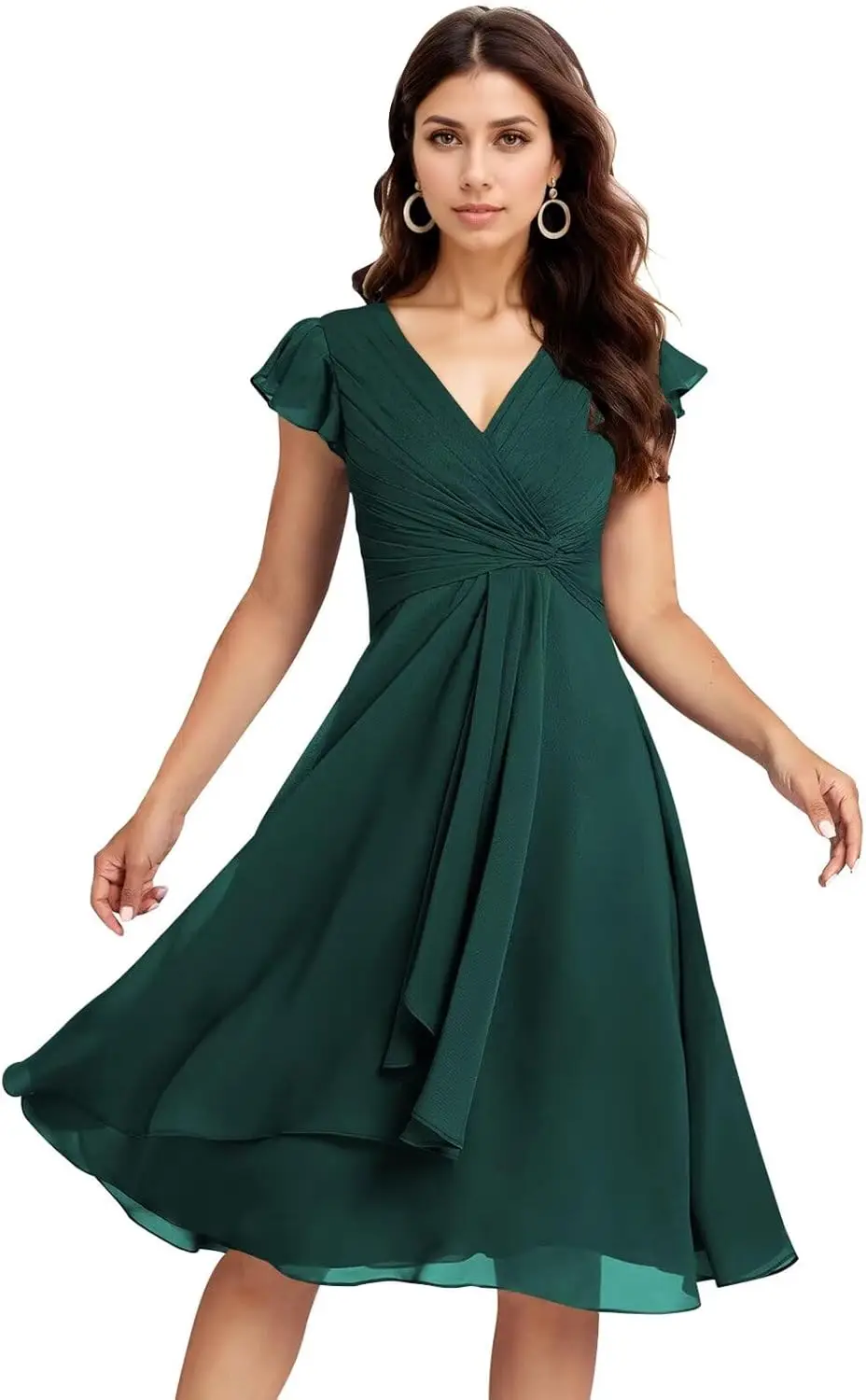 

Short Chiffon Bridesmaid Dresses for Women V Neck Flutter Sleeves Ruffle Formal Prom Dress with Pockets IMC006 Evening Dresses