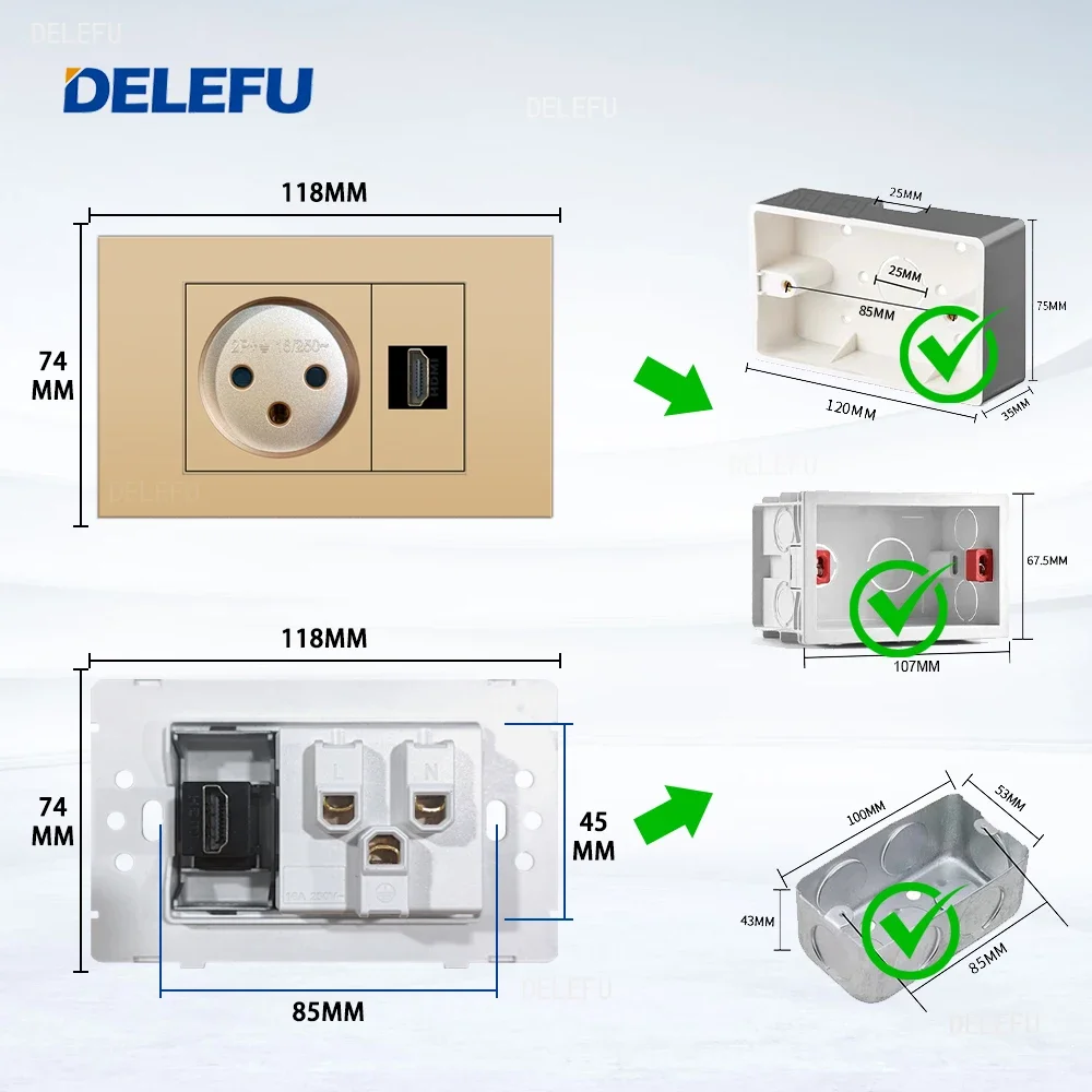 DELEFU Fire Retardant SC31 Panel Gold Israel Standard USB Type C Fast Charging Wall Socket Switch Satellite TV Phone CAT5 CAT6