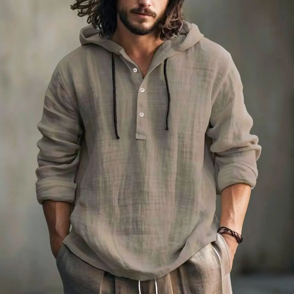 Mens Summer Hooded Shirt Linen Fabric Long Sleeve Pullover Casual Loose Fit Breathable Fashion Streetwear Tee