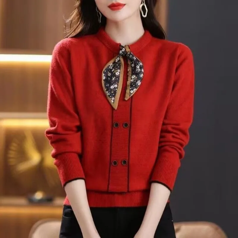 O-neck Lacing Knitting Bottoming Shirt Women Autumn Winter Elegant Temperament Solid Color Sweater Trend All-match Knitwear Tops