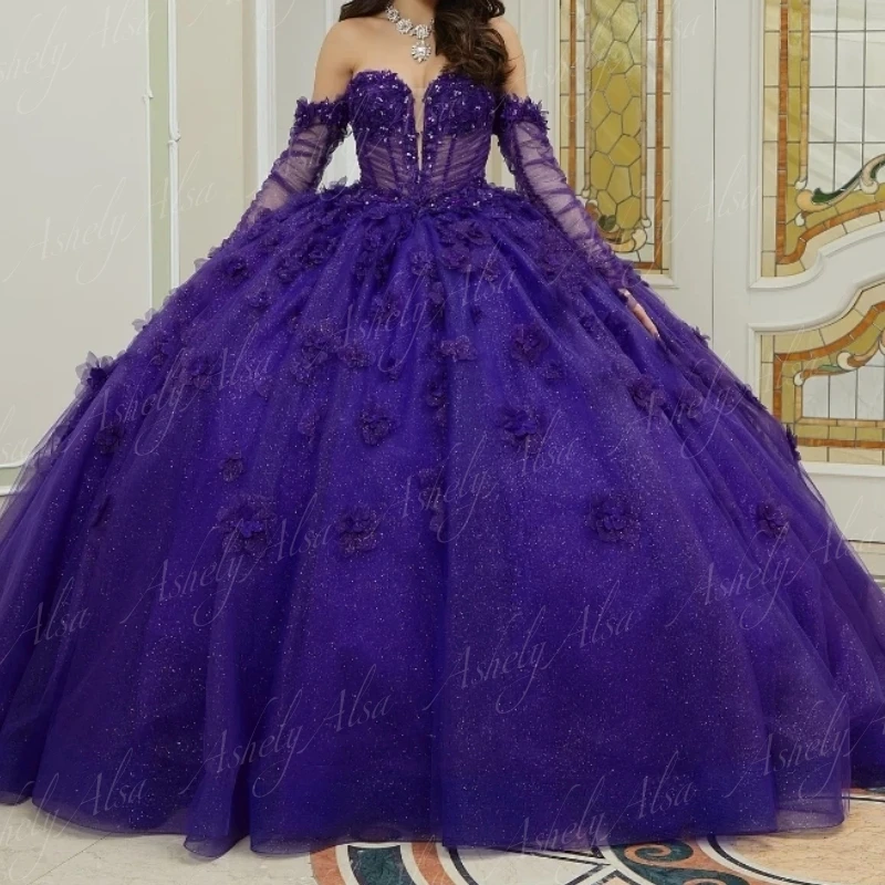 Vestido de fiesta púrpura de lujo para mujer, manga larga, cuentas de flores, ilusión, vestido de baile, dulce 15 quinceañera