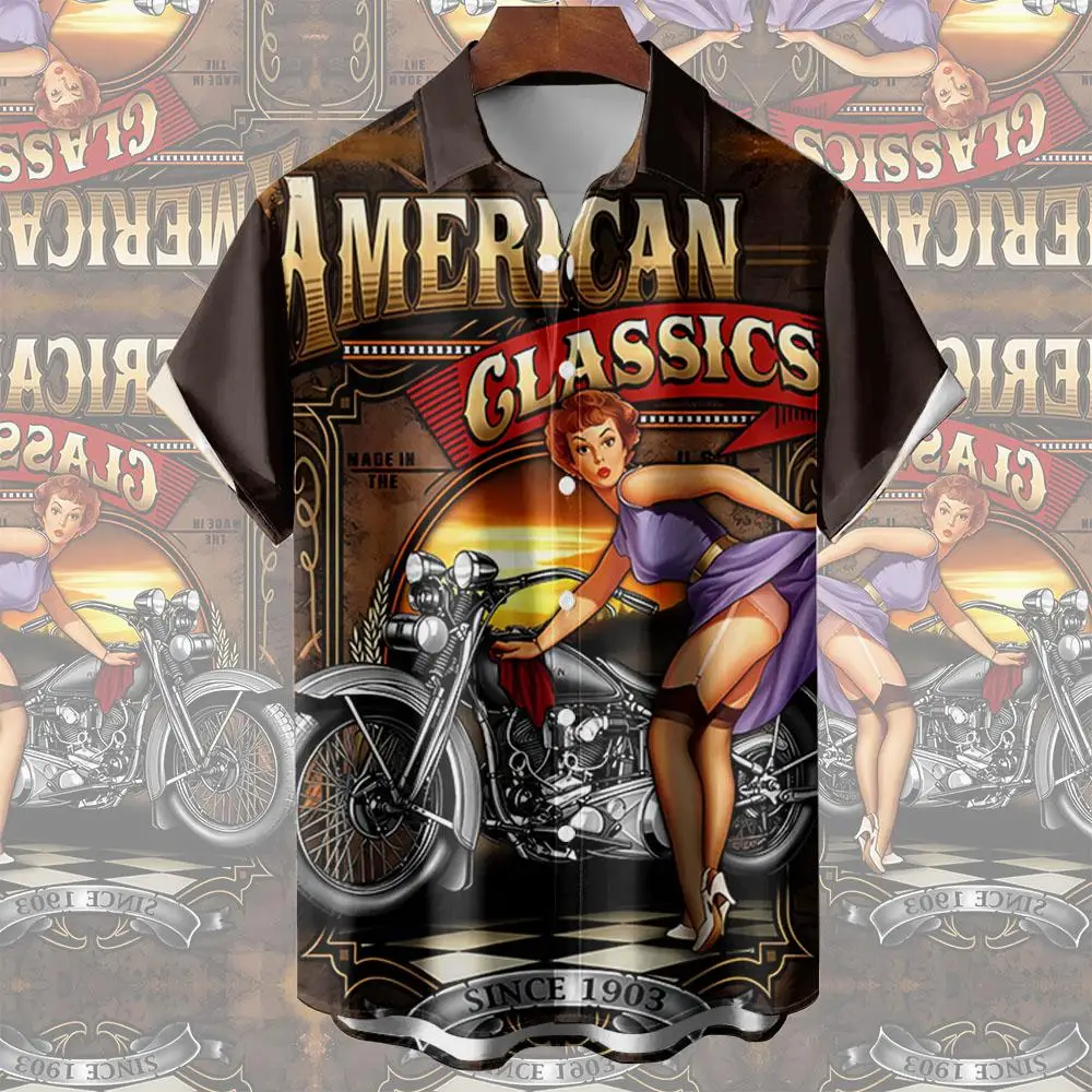 Motorcycle Men\'s Shirts Route 66 Classic Tees 3d Print Short Sleeve Top Summer Clothes Route 66 Pattern Blouse Oversized Shirt