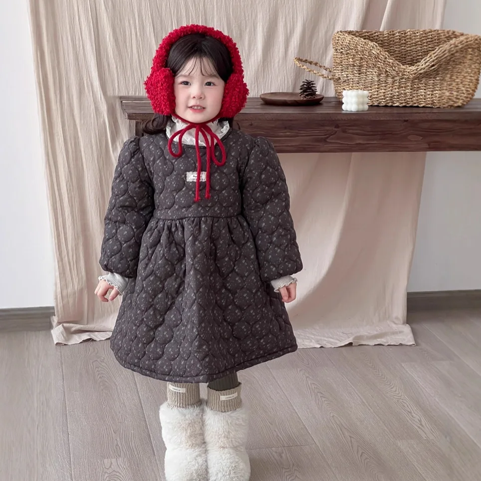 2025 New Autumn Fashion Korean Kids Clothing Girls Quilted Thickened Dresses Kids Floral Plus Velvet Cotton Clothing Boutique