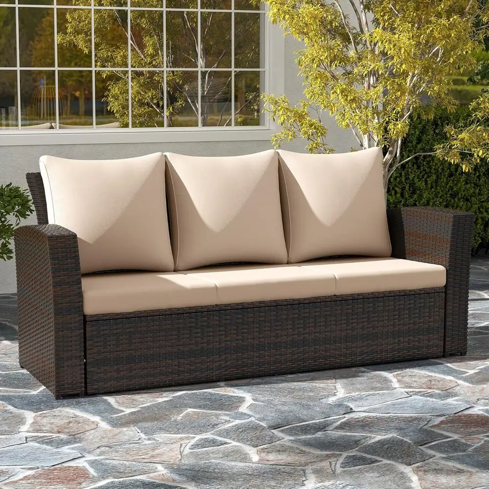 

3-Seat All-Weather Wicker Patio Sofa with Cushions, High Back Outdoor Furniture for Garden, Backyard, Porch - Beige