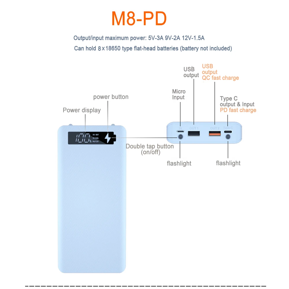 Fast Charging 8*18650 Power Bank Cases Battery Charge Storage Box Without Battery USB Type C PD Charge For iPhone Xiaomi Huawei