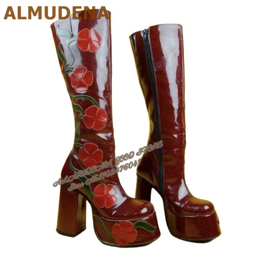 

ALMUDENA Burgundy Polished Flower Knee High Boots Wine Red Patent Leather Chunky Heel High Boots Blossom Platform Dress Shoes