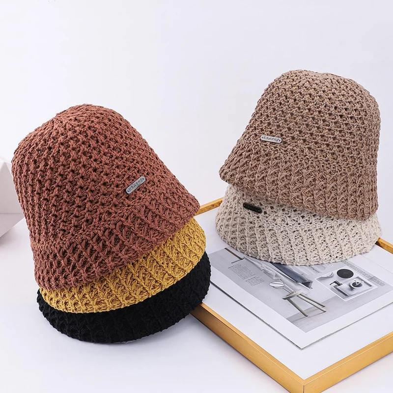 Ladies Korean Fashion Knitted Pot Hat Summer Thin Section Sunshade Sunscreen Bucket Hat Mesh Breathable Fisherman Hat Straw Hat