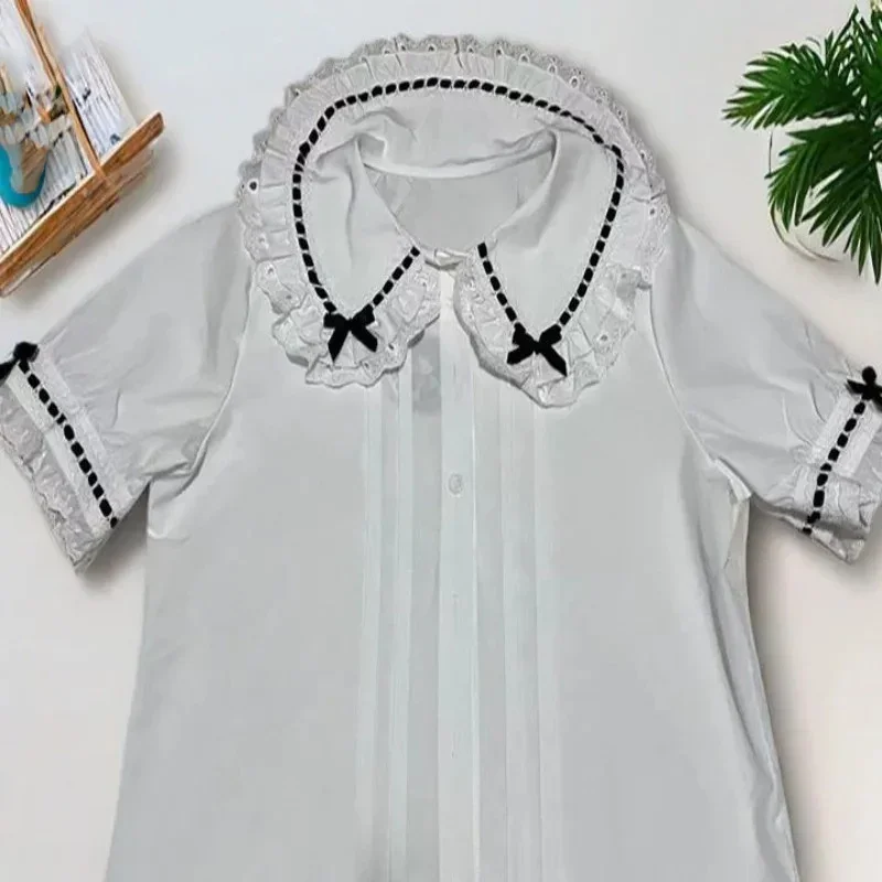 2025 Camisas De Mujer Japanese Women's Blouses Lolita Style Puff Sleeve Peter Pan Collar White Shirts Fashion Sweet Cute Tops