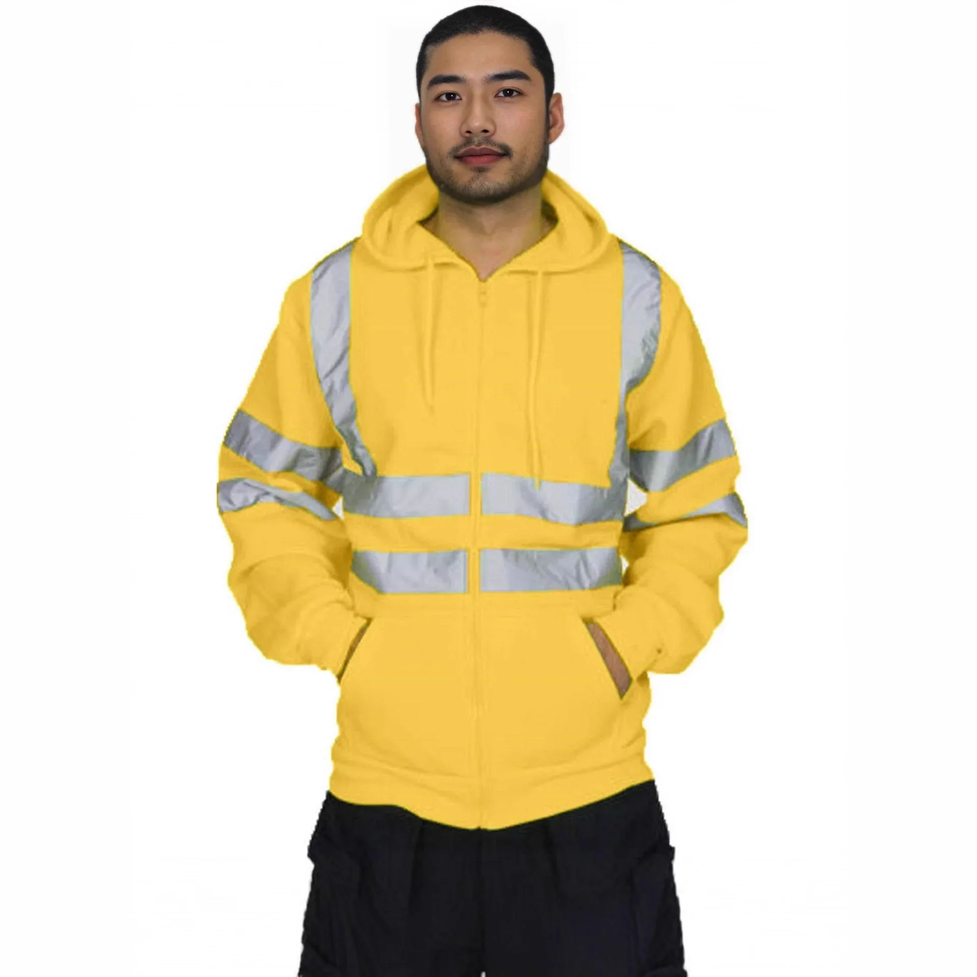 سويت شيرت رجالي مبطن بالصوف بسحاب عاكس وشريط عاكس كاجوال فضفاض مناسب ملابس خارجية مع جيوب نمط ملابس الشارع