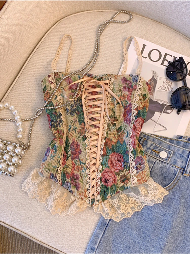 Women Summer Luxury French Vintage Jacquard Bustier Sexy Lace Patchwork Bandage Straped Top For Women Club Party Fairycore Tank