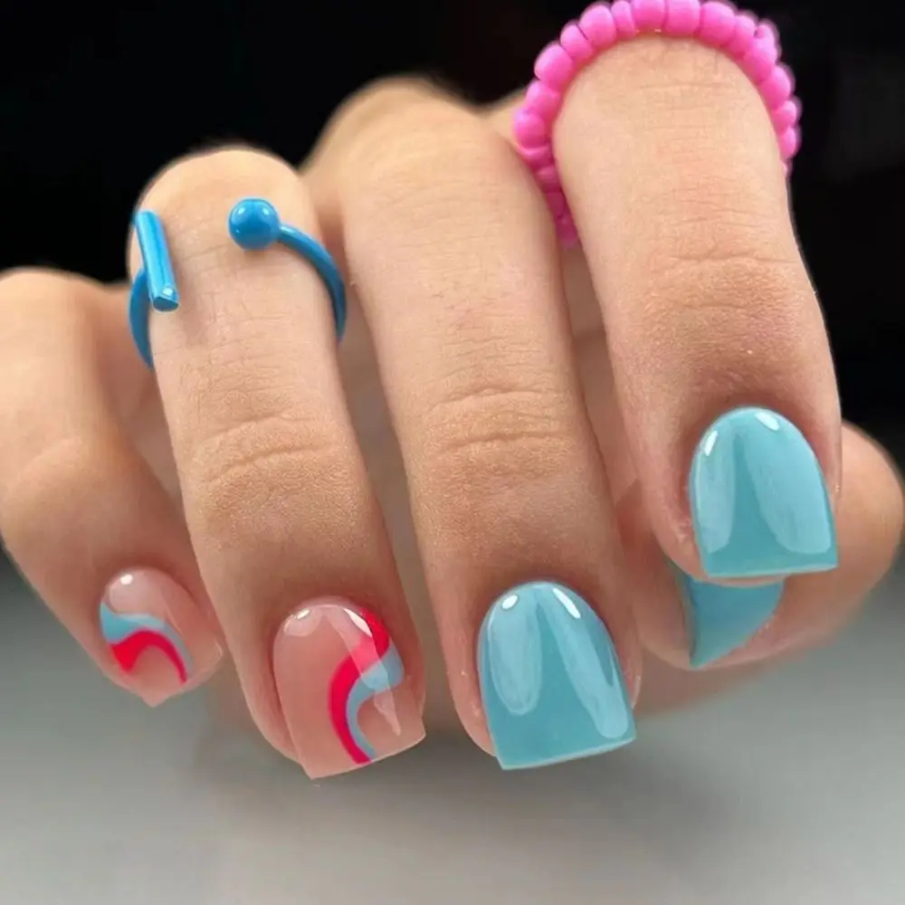 Uñas postizas redondas cortas para manicura, uñas postizas onduladas francesas con purpurina Aurora, puntas de uñas de cubierta completa desmontables para bricolaje