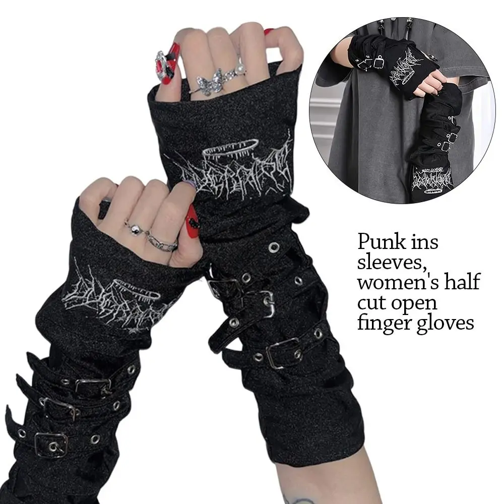 Creative Metal Buckle Arm Sleeves Dark Punk Y2K Half Finger Sleeves Embroidery Japanese Cosplay Gloves Women