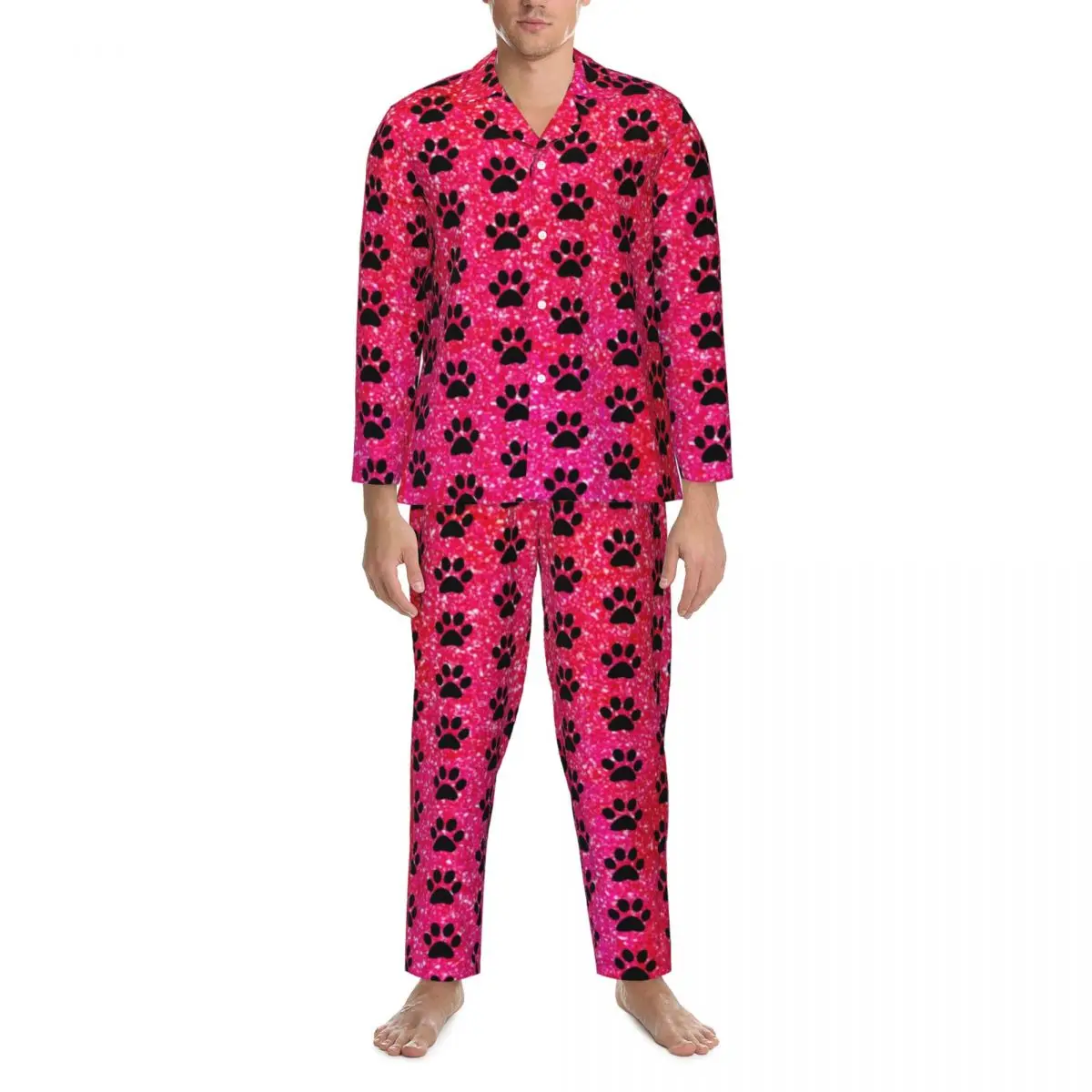 Pink Dog Paws Pajamas Male Red Glitter Print Comfortable Room Nightwear Autumn 2 Pieces Casual Loose Oversized Graphic Home Suit