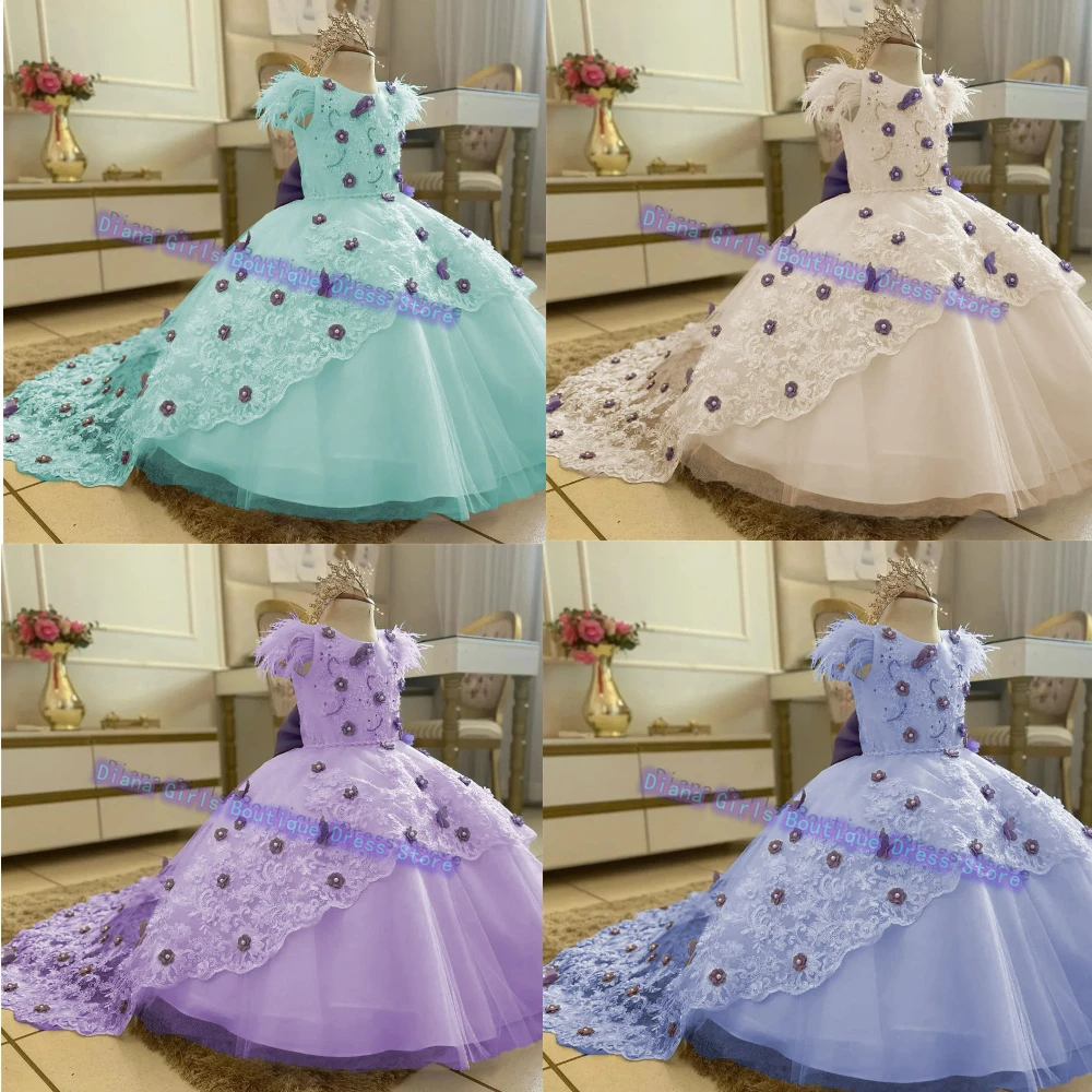 Customized Colors Flower Girl Dress Purple Decals For Wedding Ball Gown Party Girls Pageant Princess Kids Birthday Evening Gowns