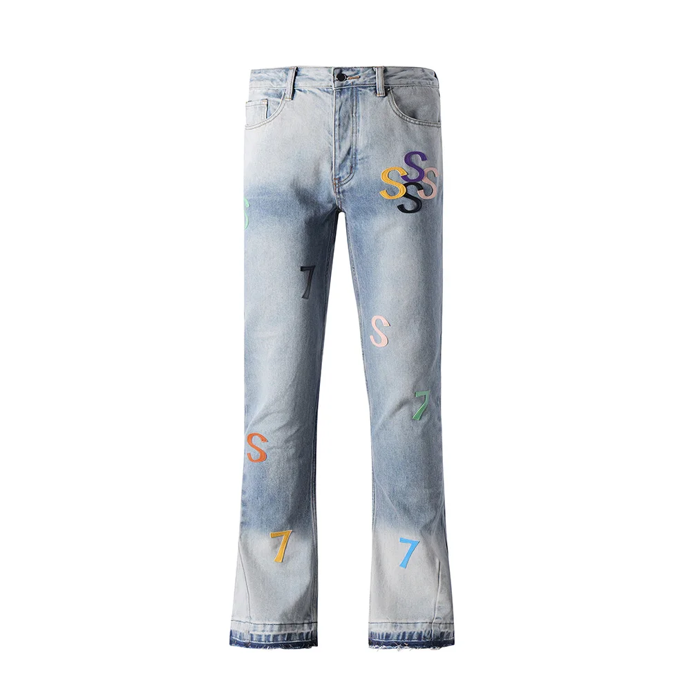 Top Quality Retro Blue Flared Jeans Men Letters Leather Patches New Stacked Denim Bell-Bottoms 100% Cotton Sweatpant For Male