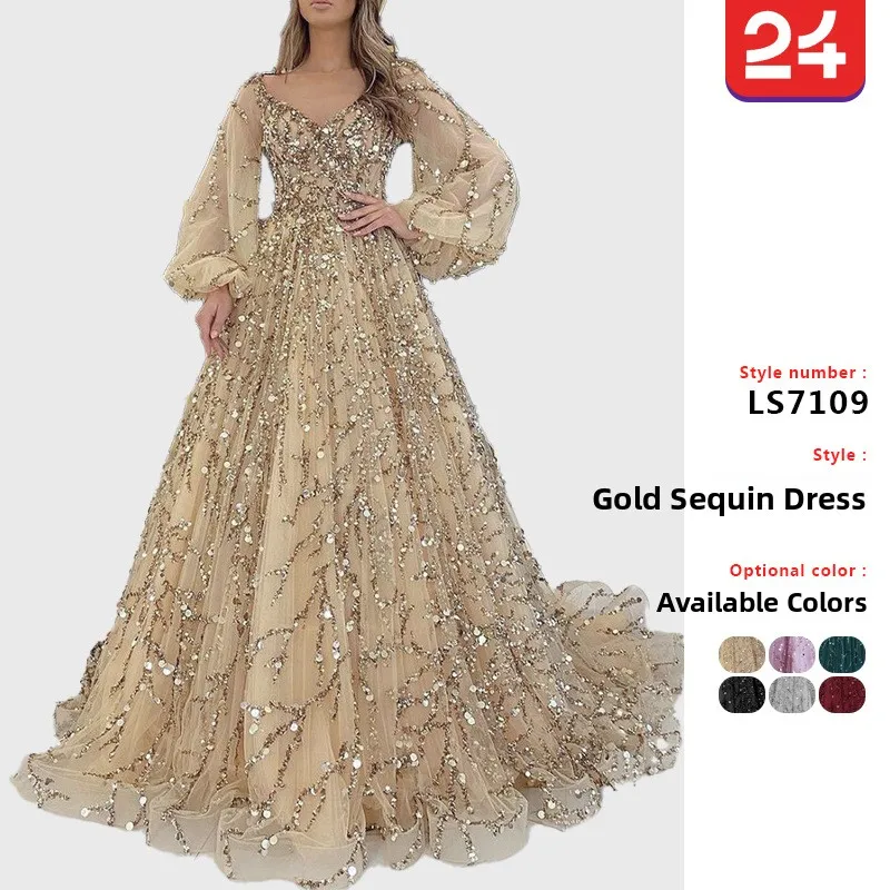 Gold Embellished Luxury Evening Gown Sexy Lady Queen Long Dress Heavy Work Beads Fashionable New 2026 Elegant Wedding Dress
