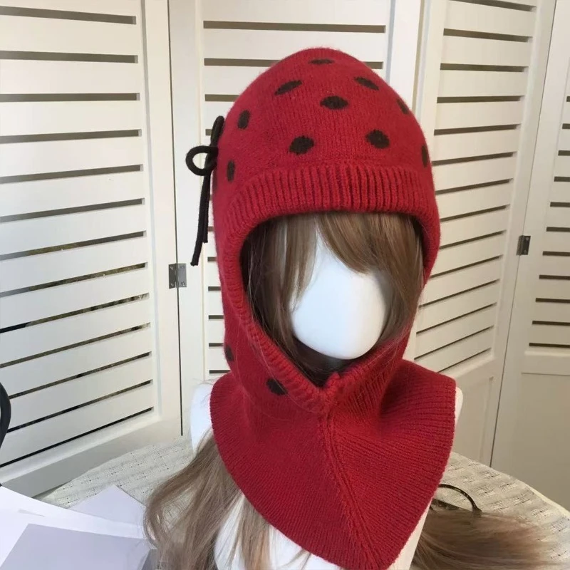 Koreanische Version Polka Dot Schleife Balaclava-Mütze Herbst- und Winter-Outdoor-Wärmeschal-Mütze Einteilige Strickmütze für Damen – Detail 2