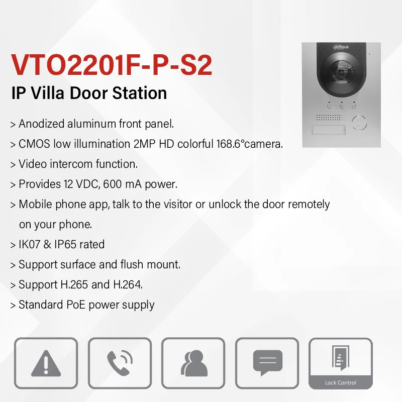 Dahua VTO2201F-P-S2 2mp poe vídeo porteiro fisheye campainha cam ip villa porta estação app desbloqueio remoto com alarme de violação rs485