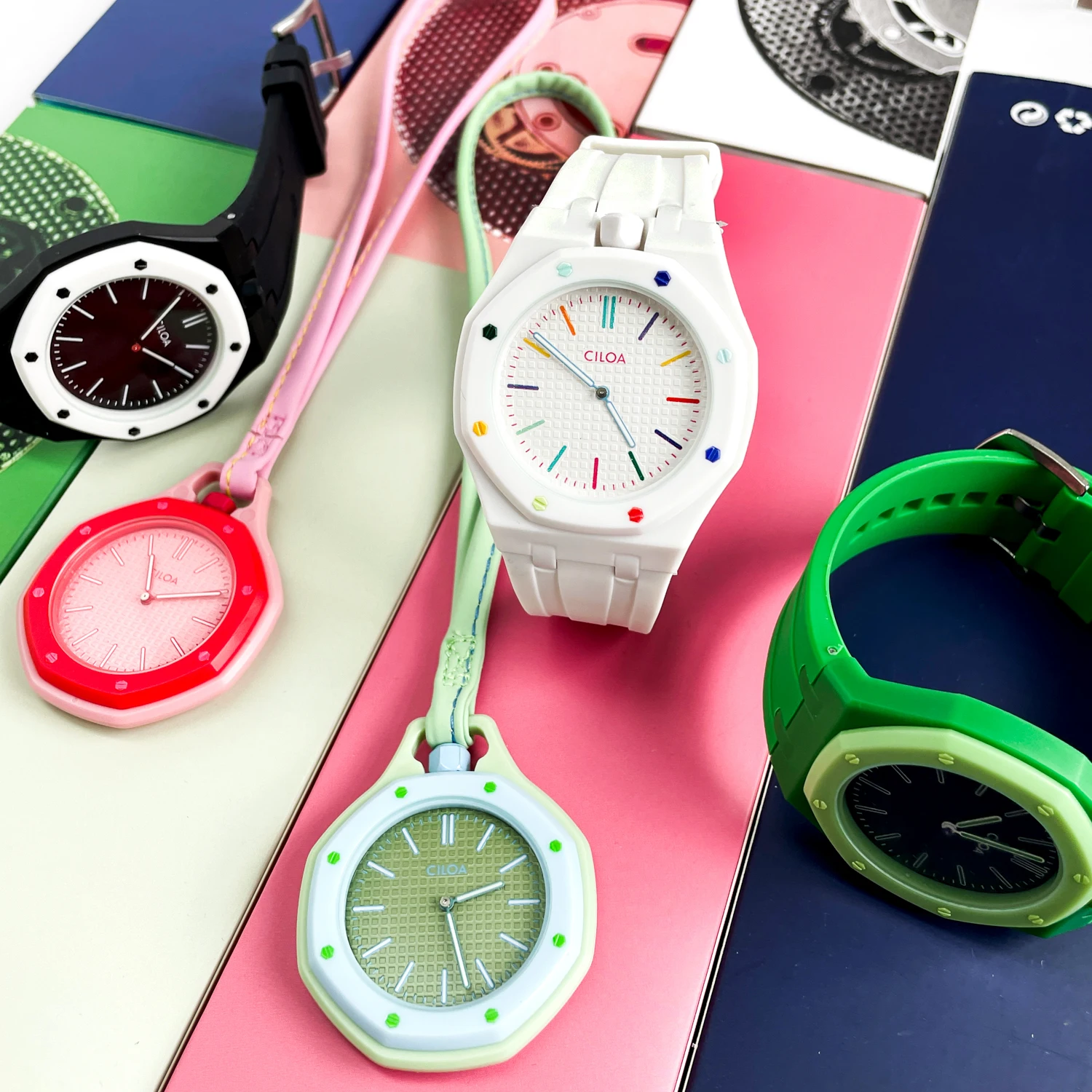 CILOA 2 In 1 Convertible Octagonal Watch Easy Disassembly Detachable Dial Matching Silicone Wrist Strap & Leather Lanyard