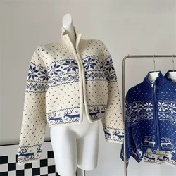 Cappotto maglione Vintage fiocco di neve donna autunno inverno moda sciolto Casual morbido caldo Beige blu natale Cardigan in maglia cappotto