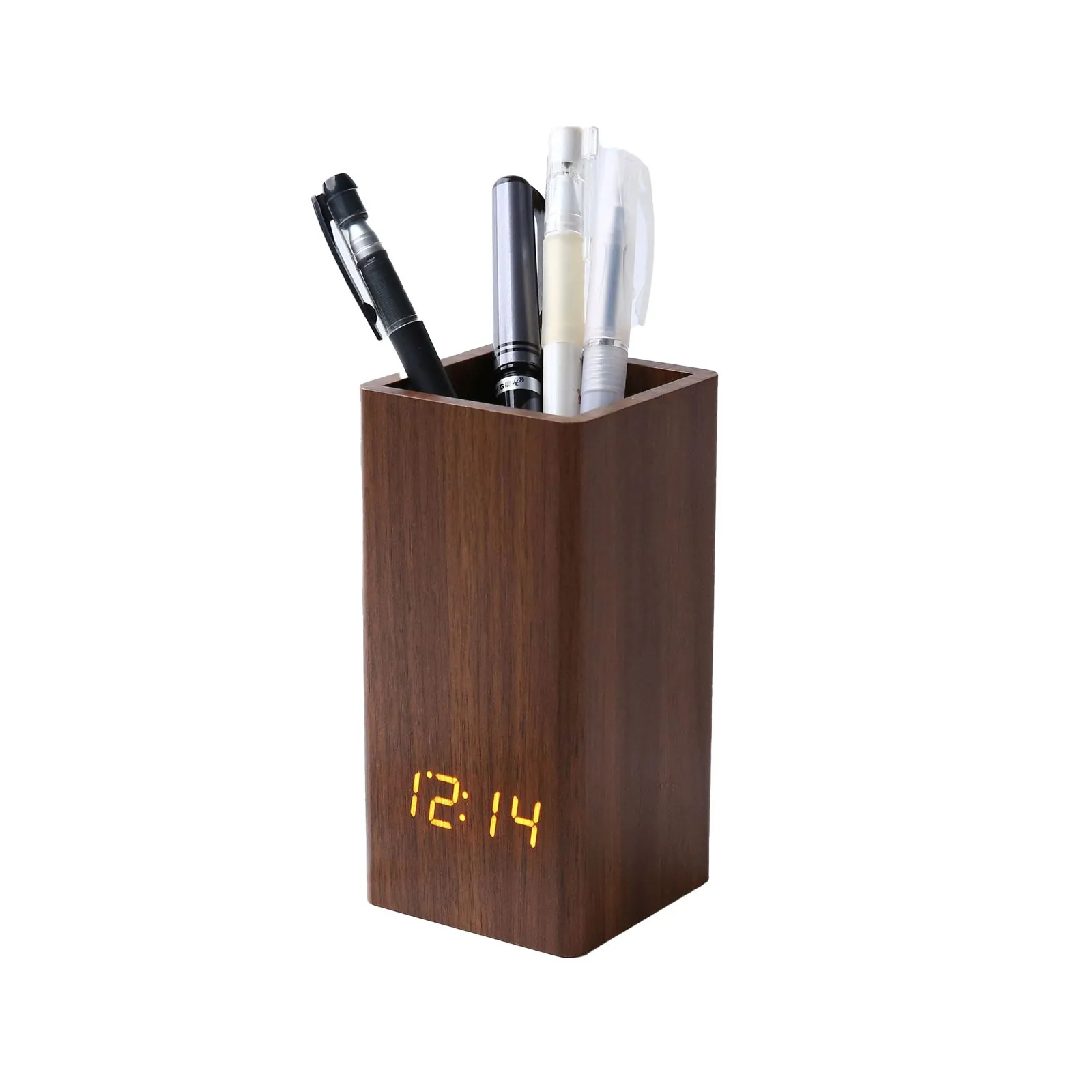قلم رصاص منظم حامل قلم ساعة تنبيه سطح المكتب خشبي بسيط Led الوقت درجة الحرارة تاريخ عرض ساعة ديكور المنزل
