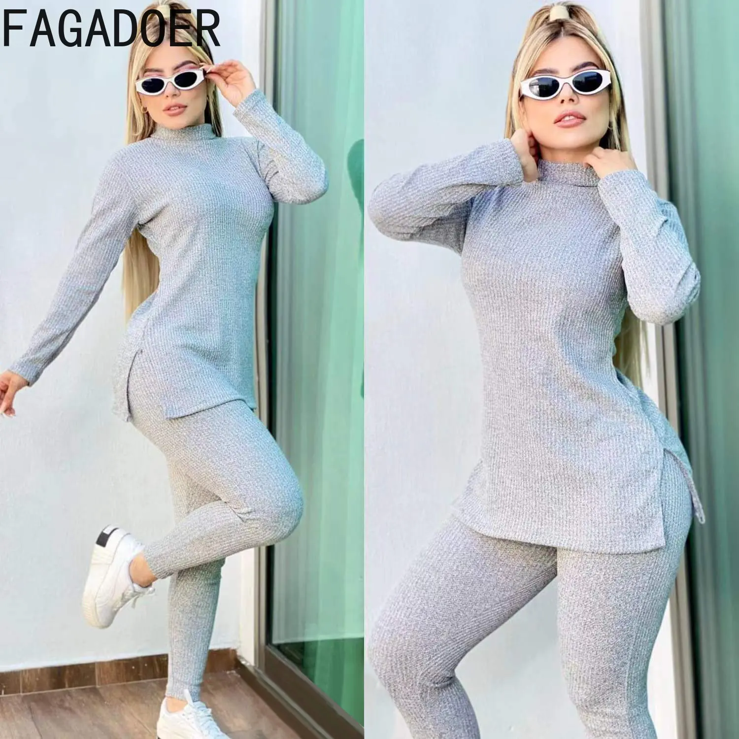 

FAGADOER Fall Winter Turtleneck Long Sleeve Top + Skinny Pants Tracksuits Casual Solid Sporty Two Piece Sets Female 2pcs Outfits