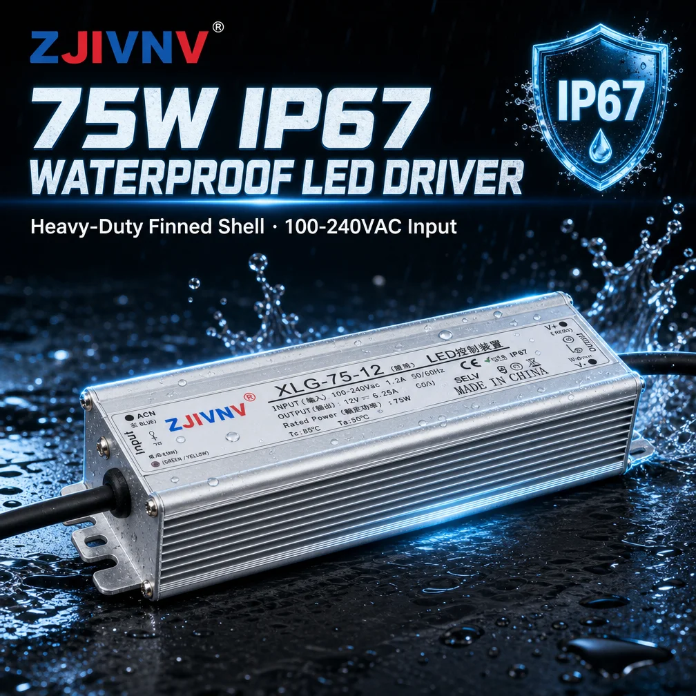 75W IP67 Waterproof LED Driver AC 100-240V to DC 12V 24V 48V Slim Finned Aluminum Switching Power Supply Adapter for LED Lamp