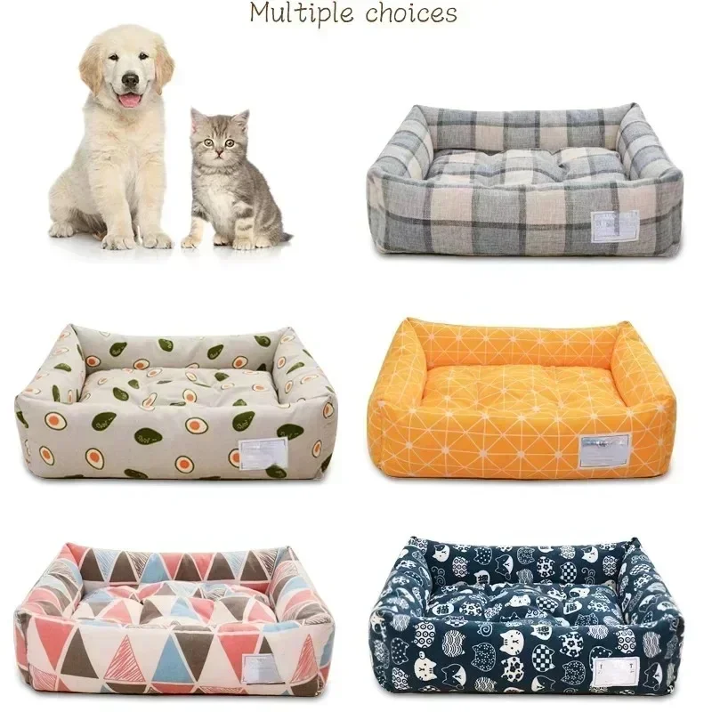 Plaid Printing Soft Removable&Washable Dog Bed Fabric Skin-Friendly Cotton&Linen Breathable Pet Sofa Square Cat Litte Dog Bed