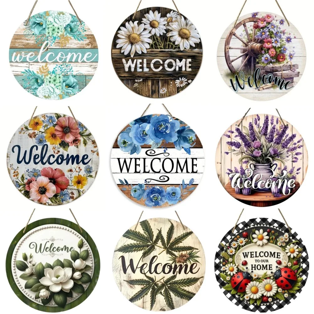 Vintage Welcome Flower Plant Sign, Round Wooden Wreath Sign for Home Room Farmhouse Porch Bar Cafe Wall Decor, Gift for Friends