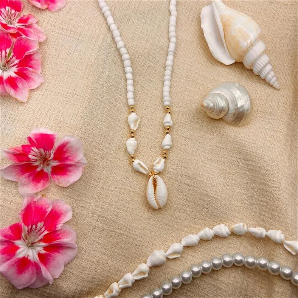 Boho Vintage Shell Pendant Necklace For Women Female Fashion Baroque Geometry Natural Conch White Bead Chain Party Jewely Gift