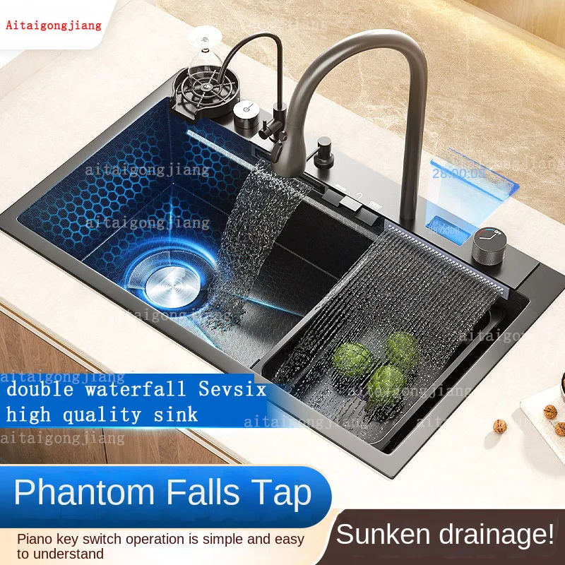 

Цифровой дисплей 304, кухонная мойка с двойной чашей, бытовая сотовая форма, фрукты и овощи, черная кухонная мойка из нержавеющей стали, падение воды