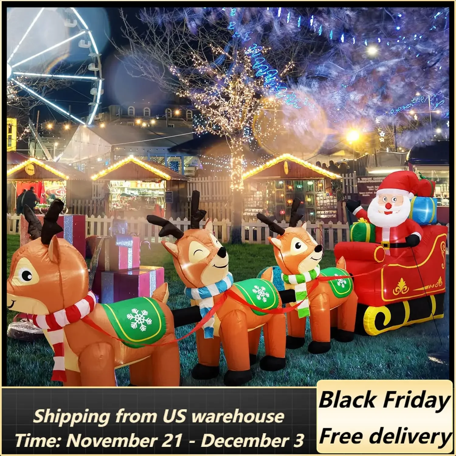 12 Ft Christmas Inflatables Outdoor Decorations Giant Blow Up Yard Decorations Inflatable Santa Claus on Sleigh and 3 Reindeer