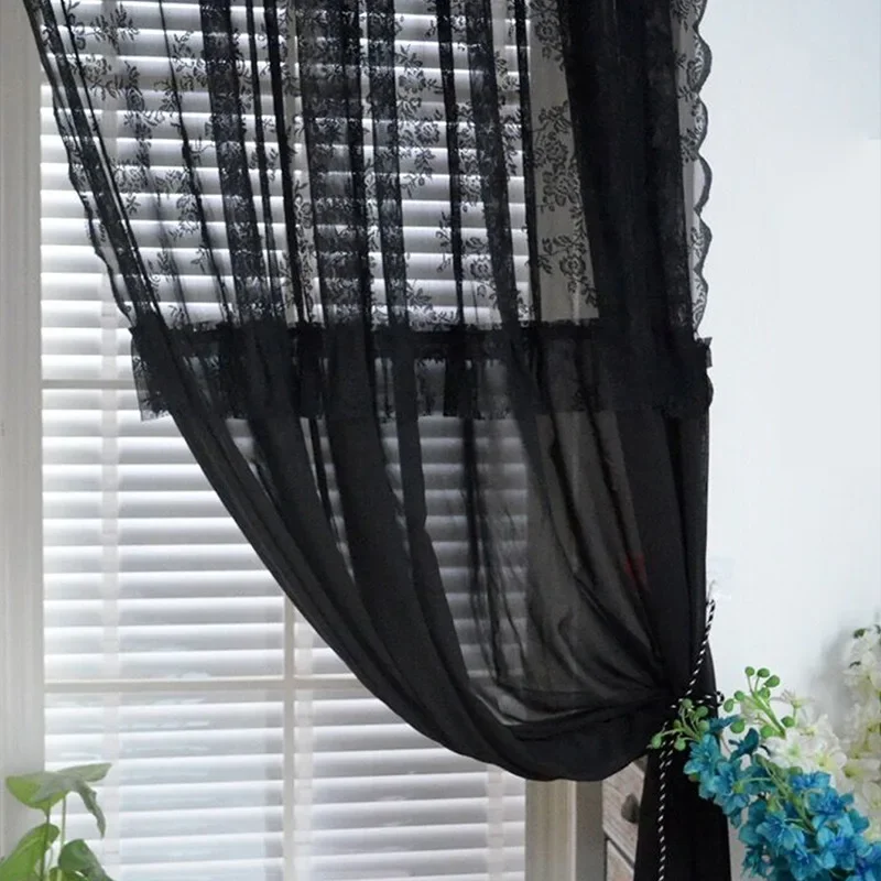 Black Ruffled Lace Sheer Curtains for Kitchen, Farmhouse, Wedding Party, Ceremony Background, Rustical Floral Window Dr