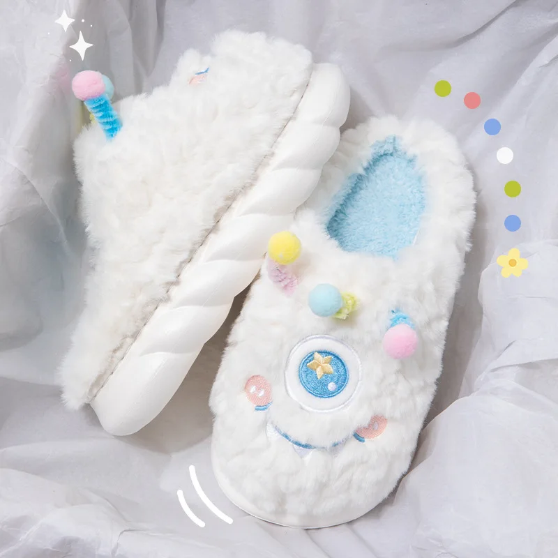 

Kawaii домашние нечеткие домашние тапочки для пола, женские зимние теплые тапочки с маленьким монстром, милые забавные нескользящие мужские туфли, женская обувь