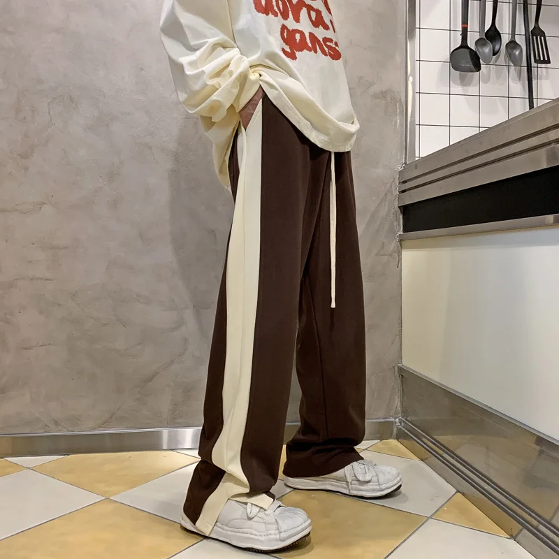 

Autumn Loose Casual Striped Vent Pants Daily Sports Sweatpants Men Women Drawstring Wide Leg Mopping Trousers Coffee/Black