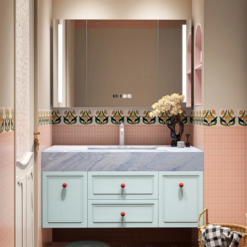 

Cream style blue crystal natural luxury stone ceramic undercounter basin rubber wood lake ice blue bathroom cabinet