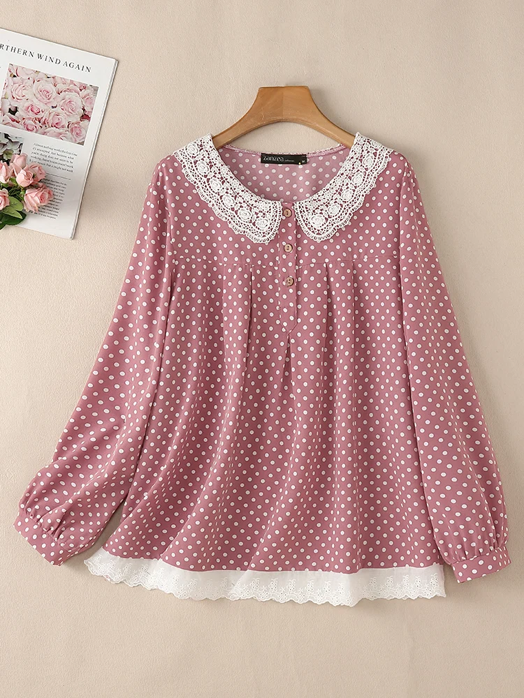 ZANZEA Autumn Polka Dot Women Blouses Casual Long Sleeve Worrk Shirt Fashion Lace Patchwork Holiday Tops Female Loose Chemise