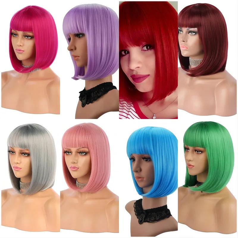 European and American with bangs, bob cut, student style, short hair, colorful anime Halloween wigs